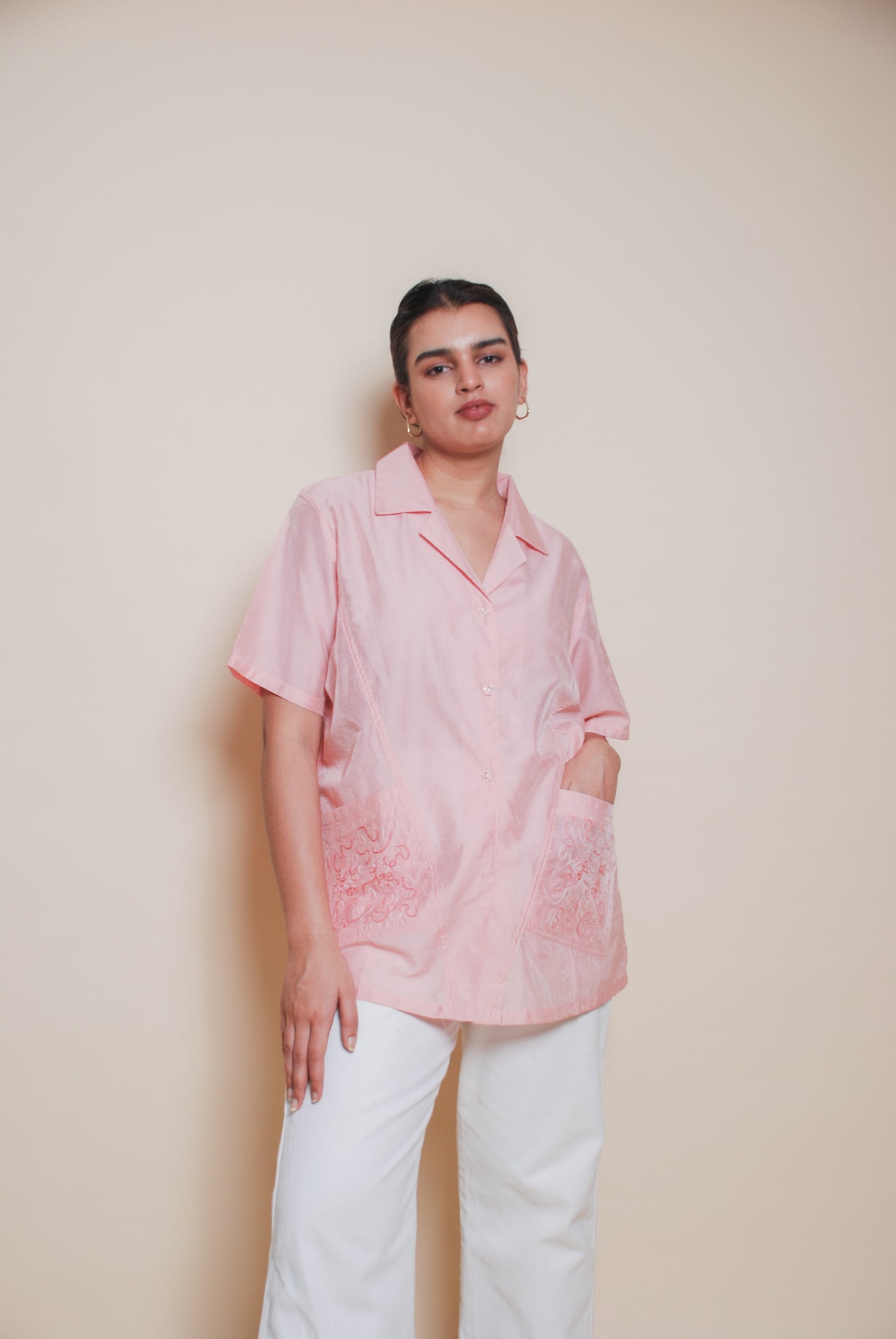 Pink short sleeve embroidered shirt