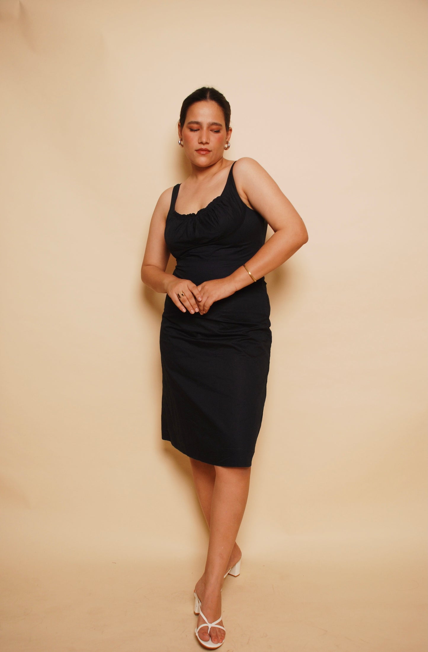 Navy blue A-line sleeveless midi dress