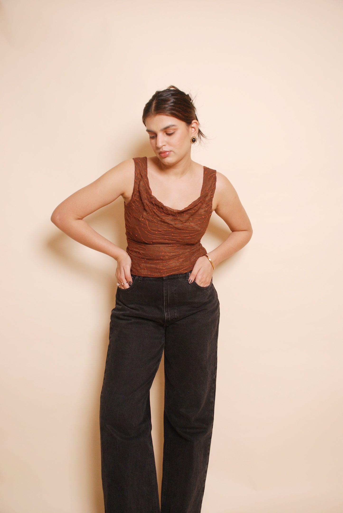 Brown embroidered sleeveless corset top