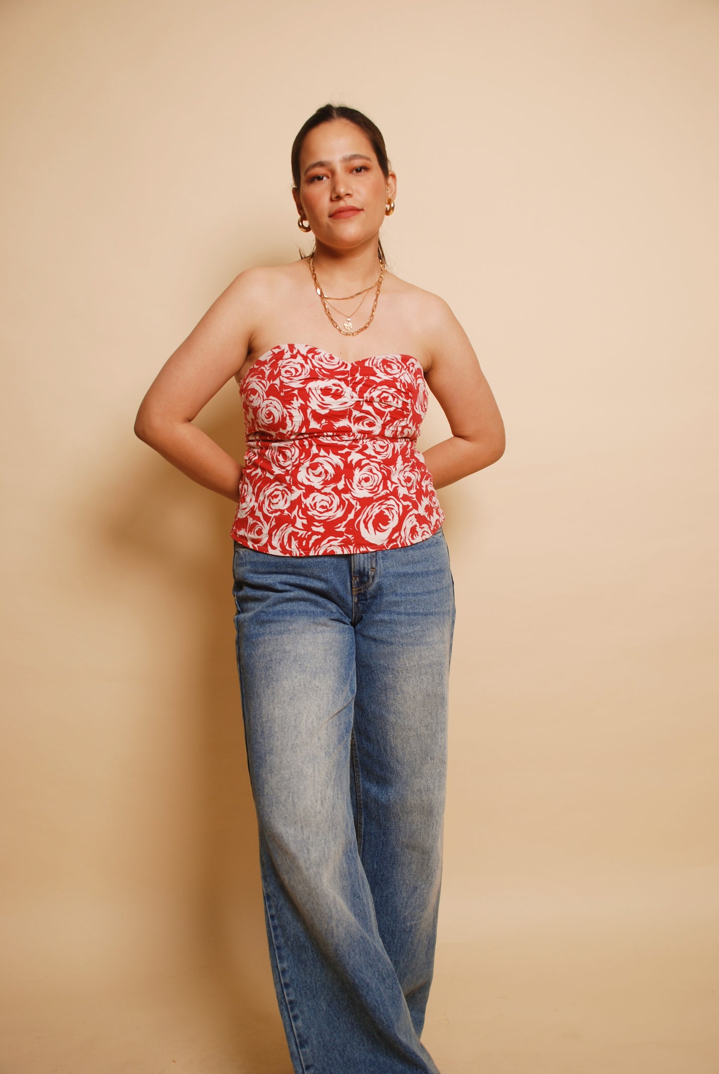 Red & white floral corset top