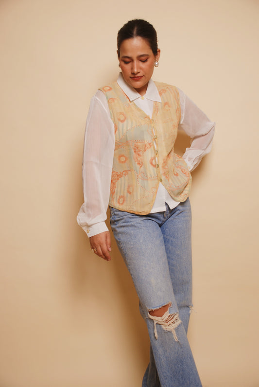 White shirt with attached printed waistcoat