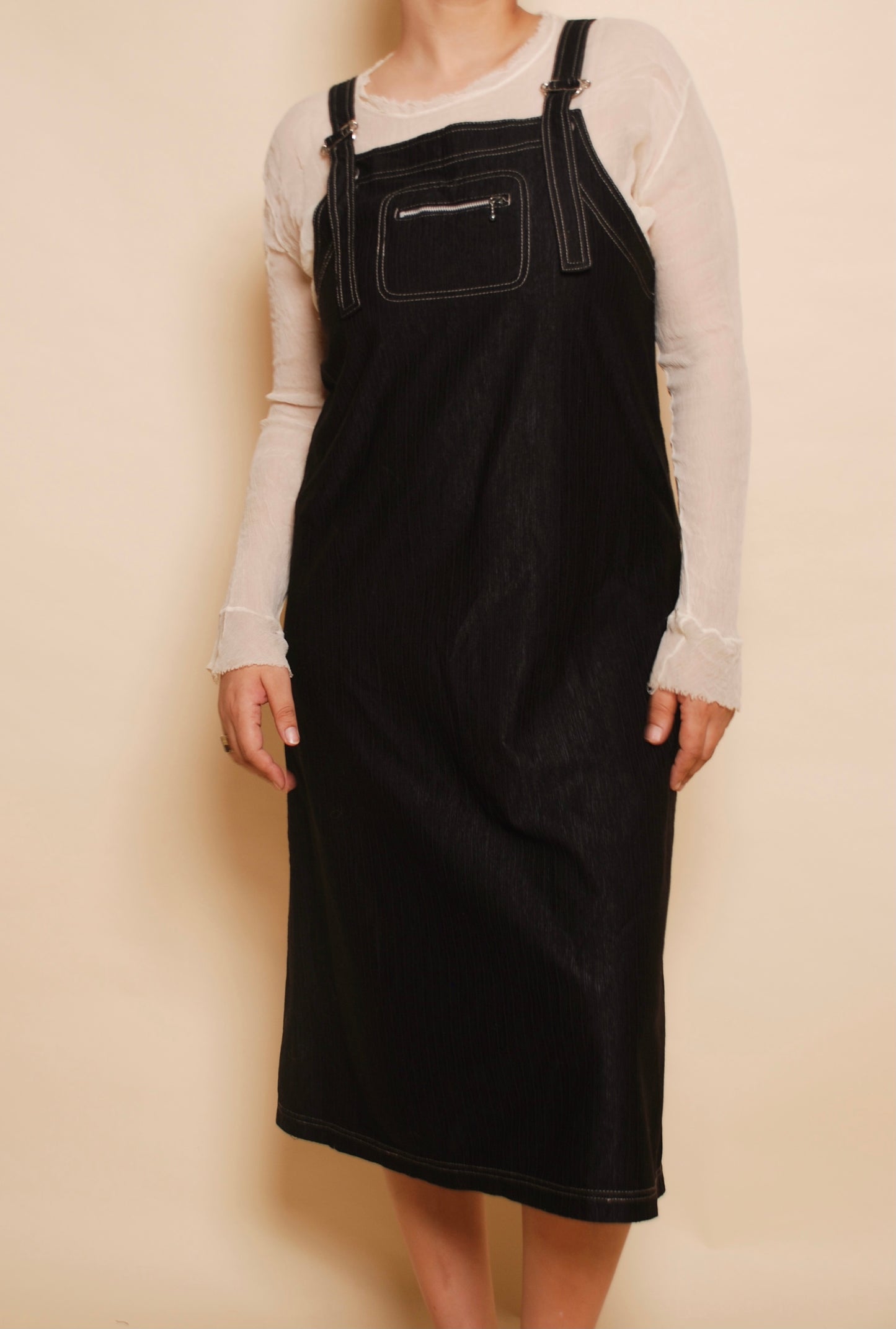 Black dungaree midi dress with contrast stitch