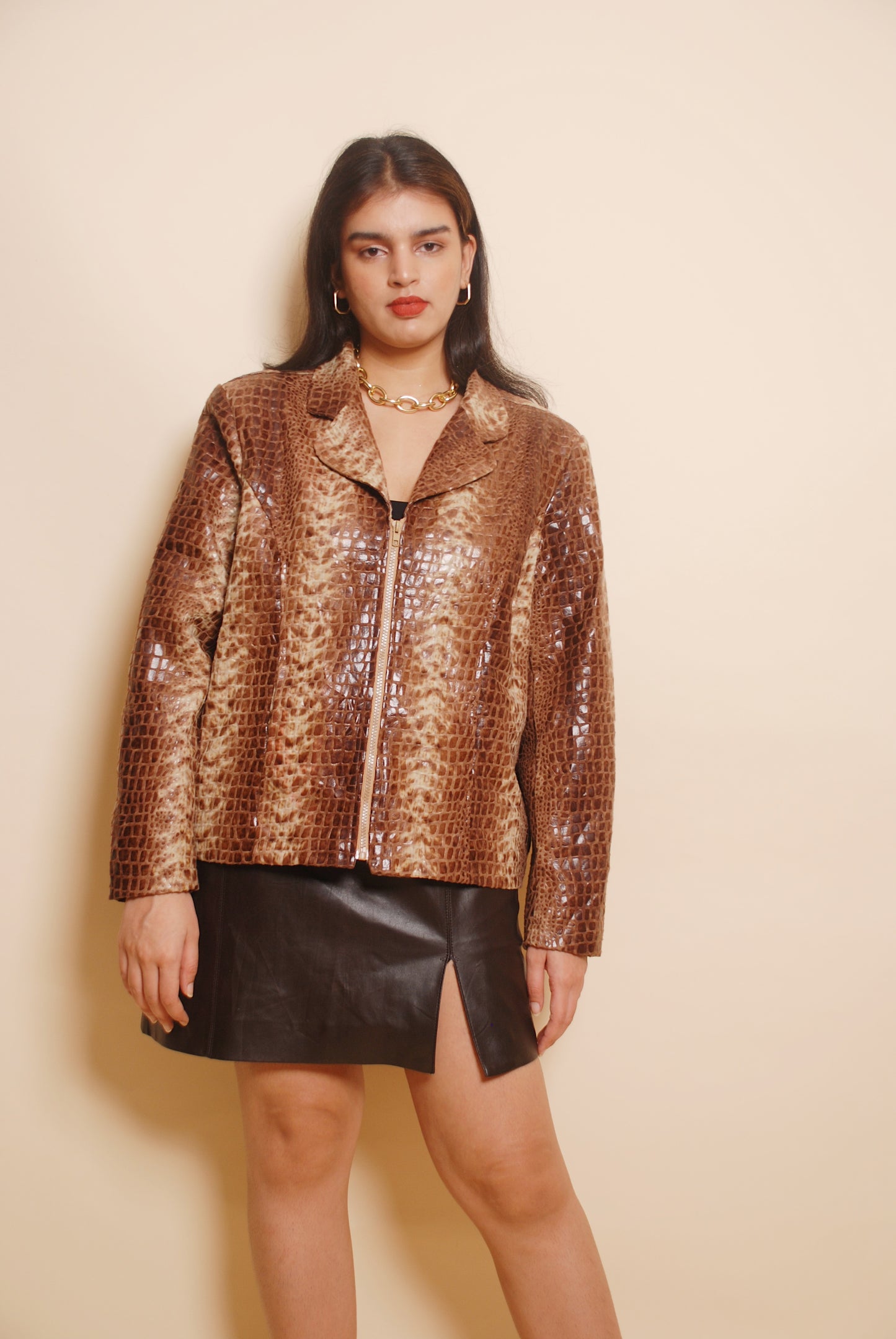 Tan snake print leather jacket