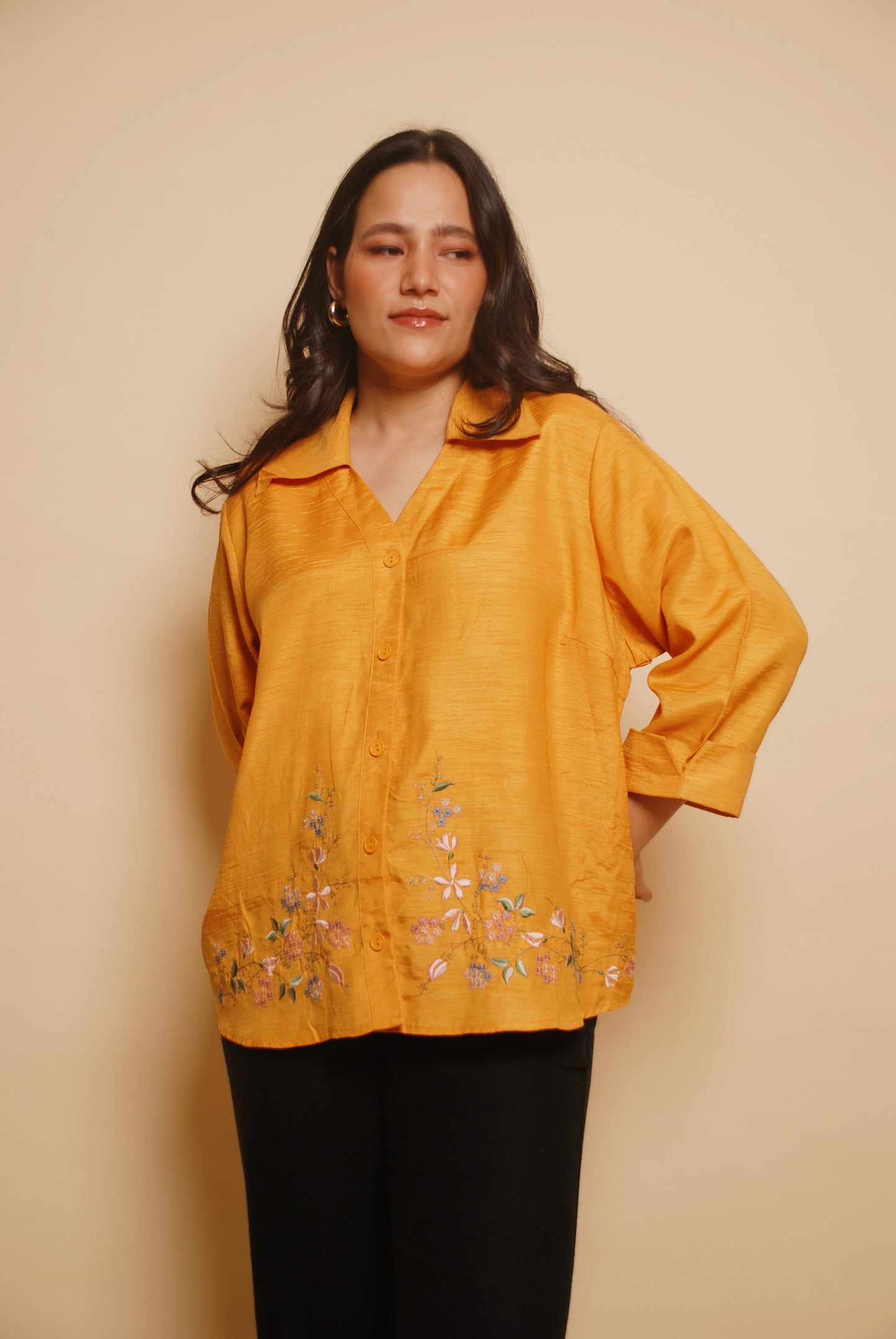 Orange floral embroidered shirt