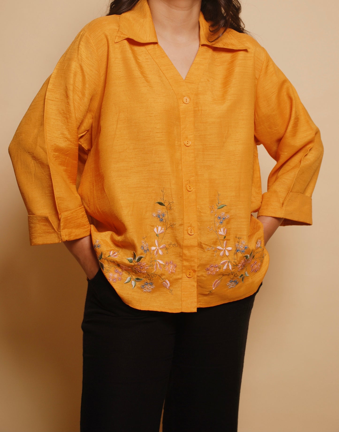 Orange floral embroidered shirt