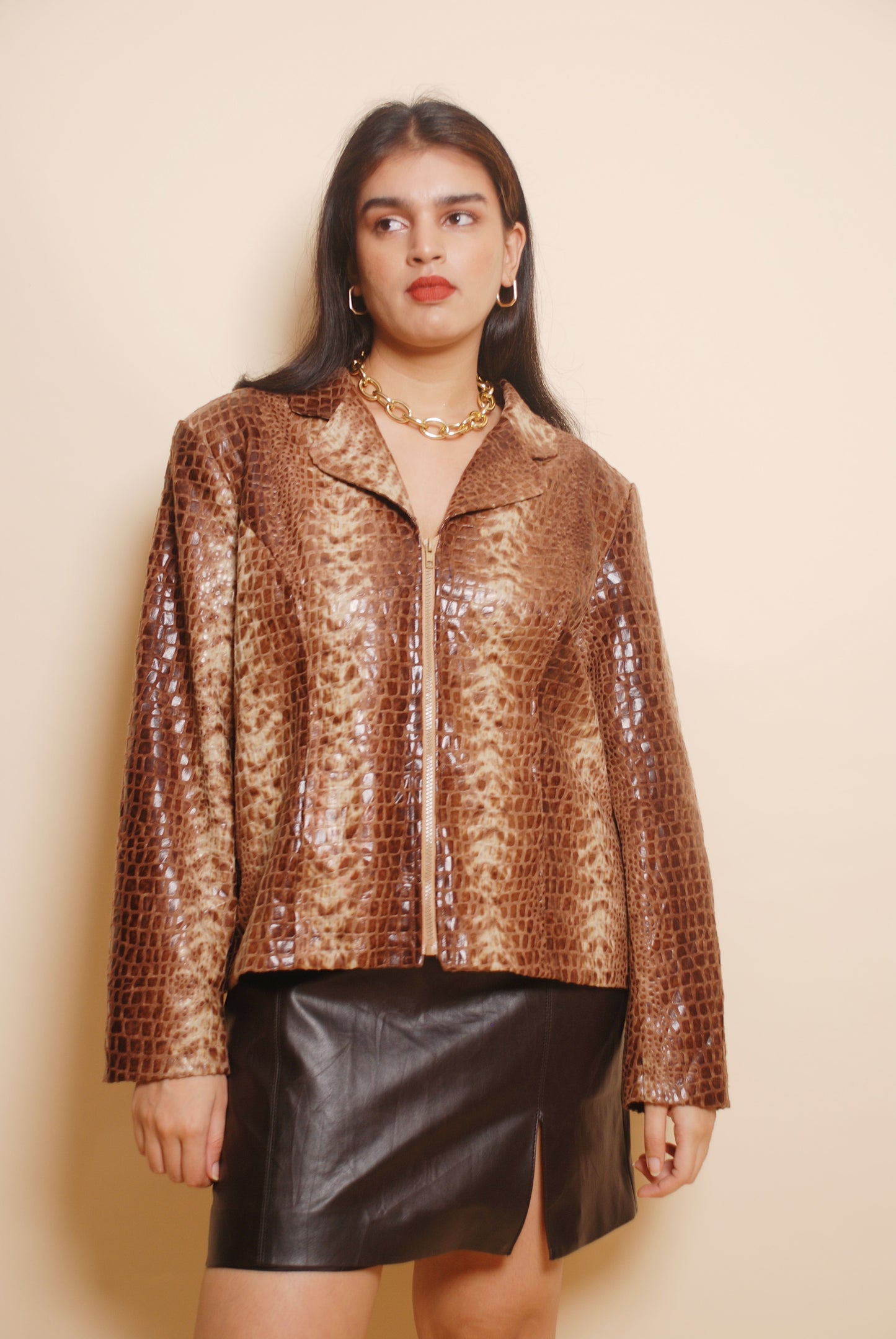 Tan snake print leather jacket