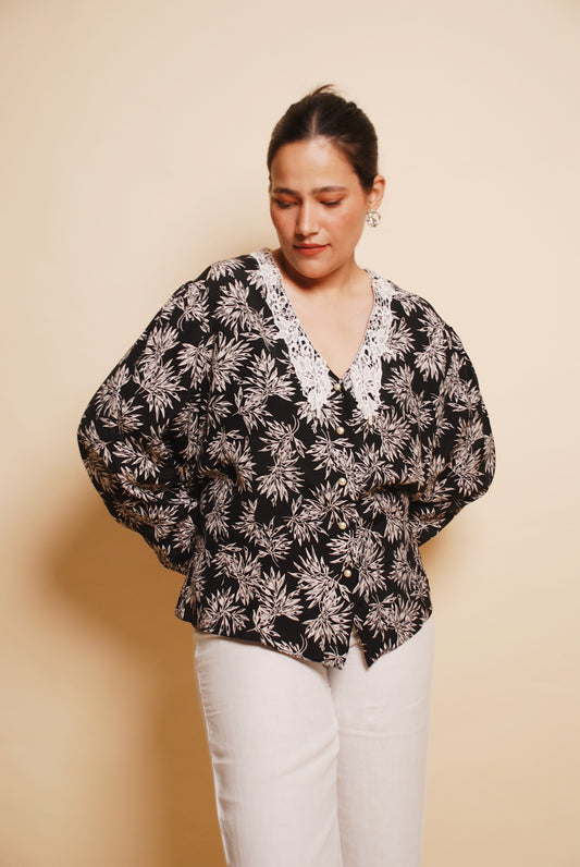 Black & white floral blouse with lace collar