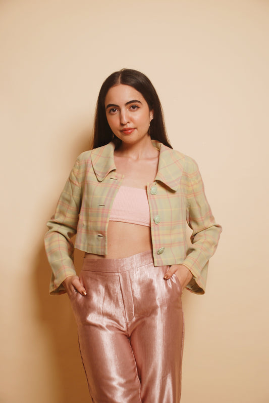 Pastel green & pink checkered cropped jacket