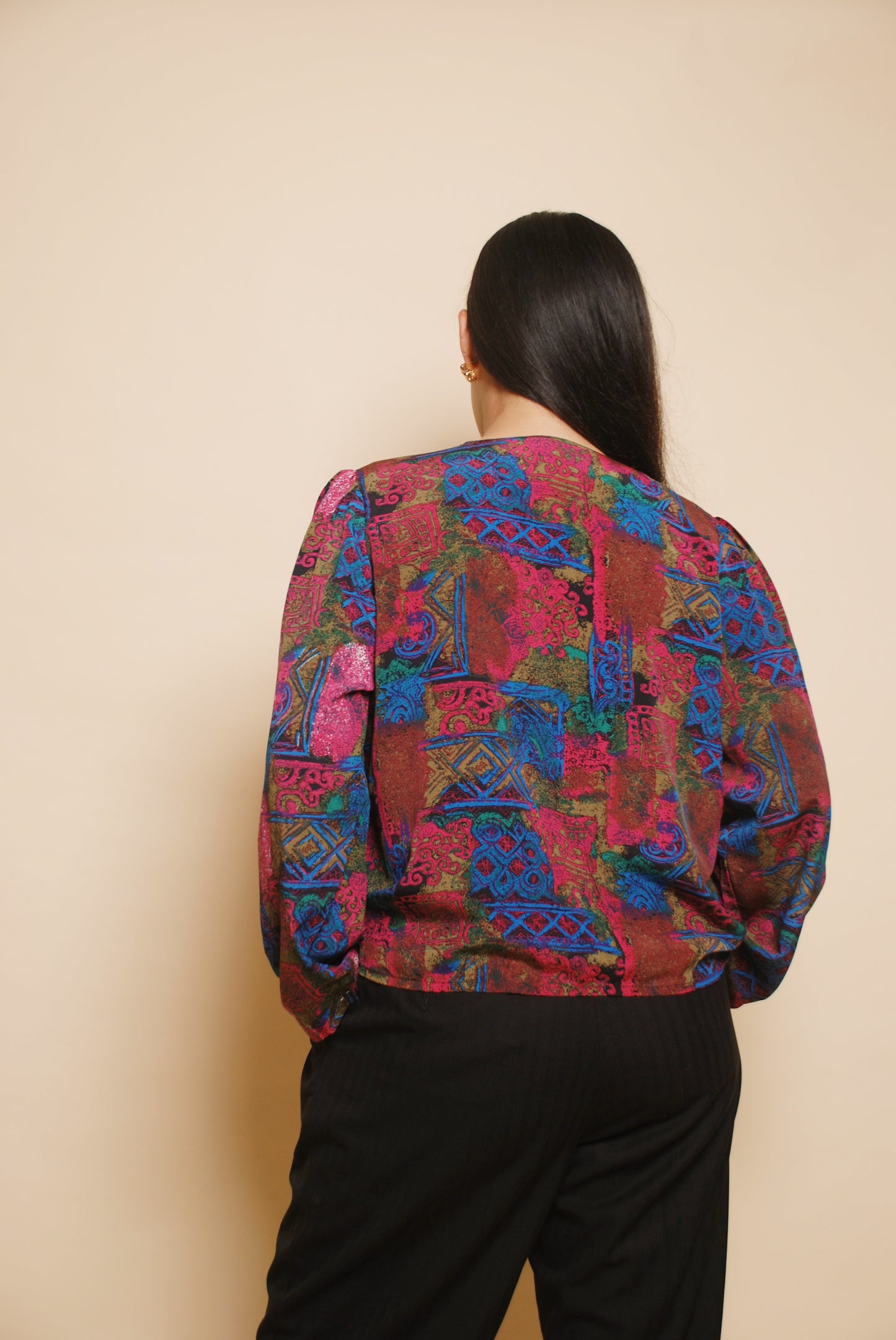 Multicolour printed blouse with puffed sleeves