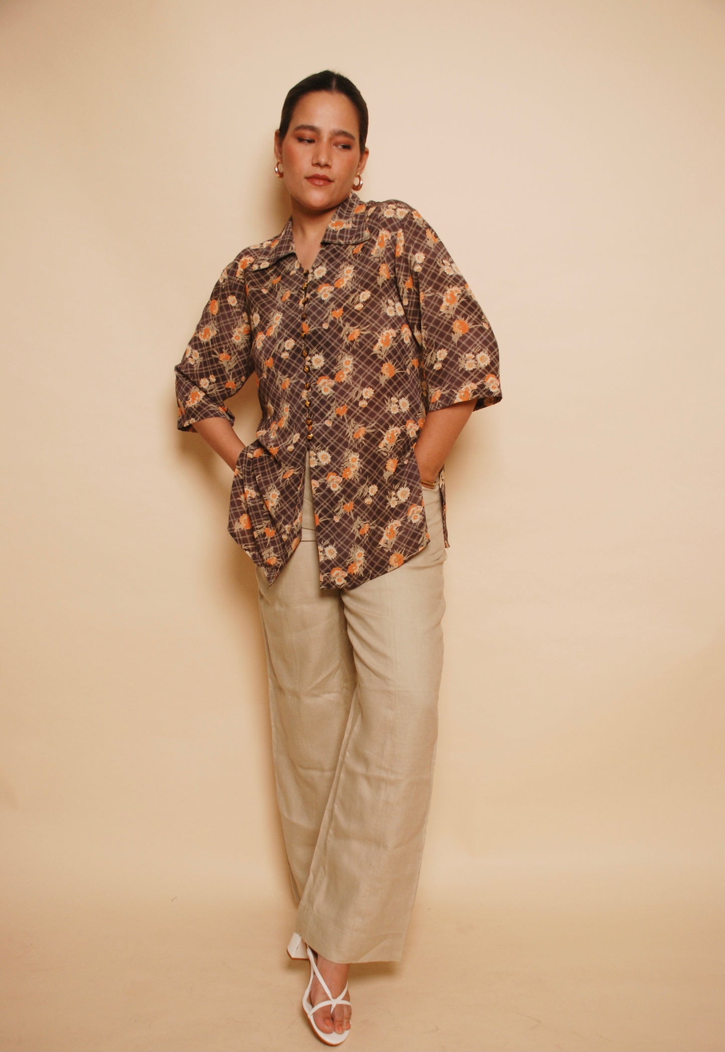 Brown checkered & floral short sleeve shirt