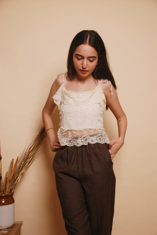 Cream spaghetti top with lace