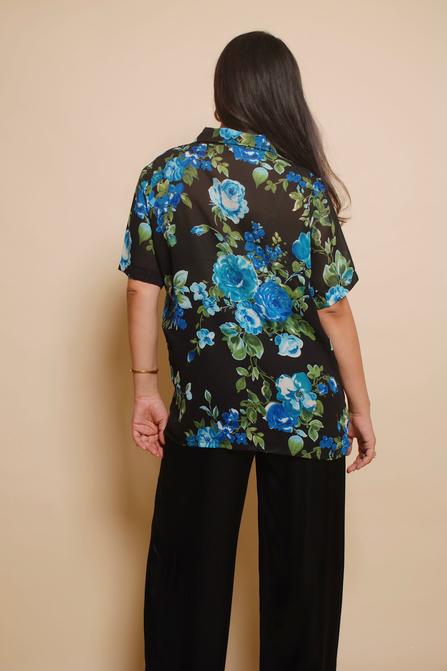 Black & blue see through floral resort shirt