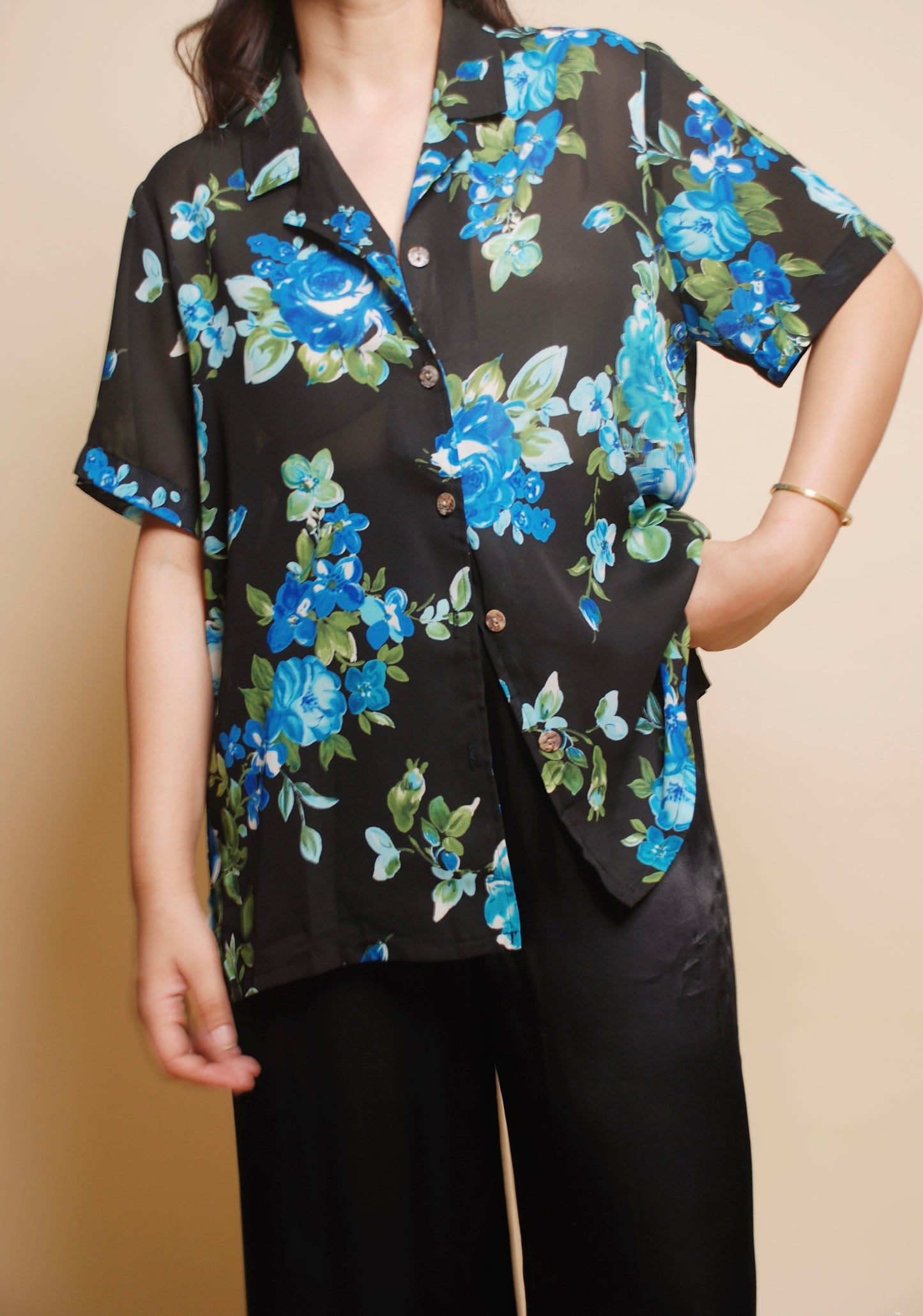 Black & blue see through floral resort shirt