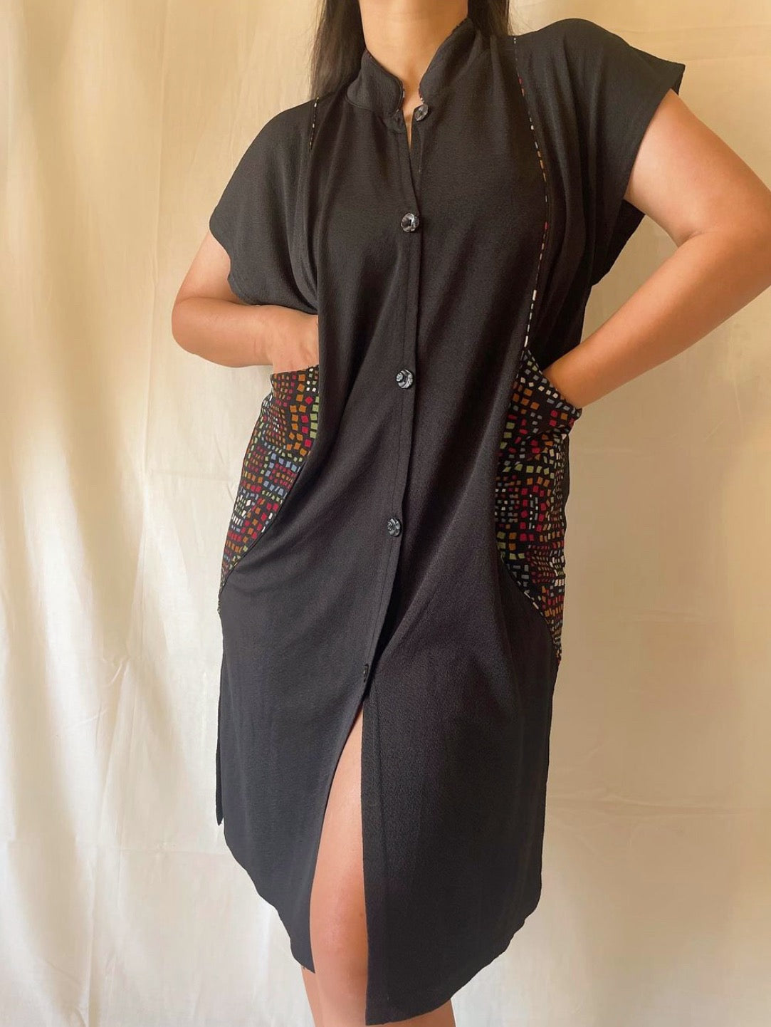 Black textured drop shoulder midi dress