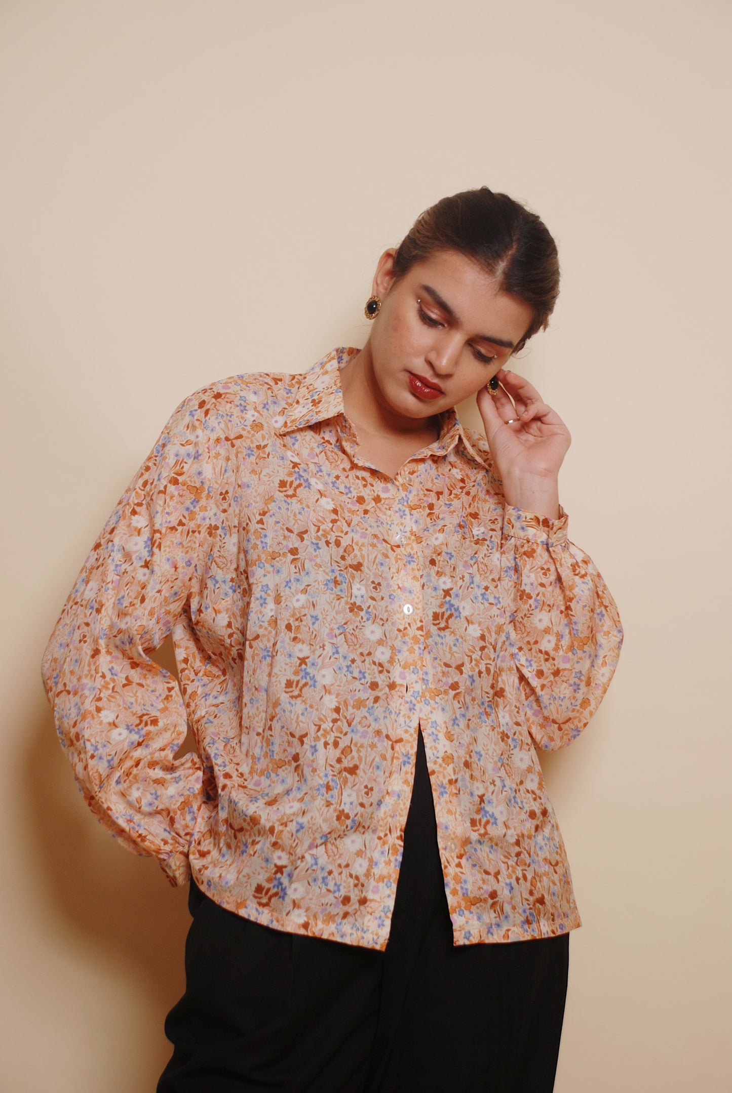 Beige floral button up shirt