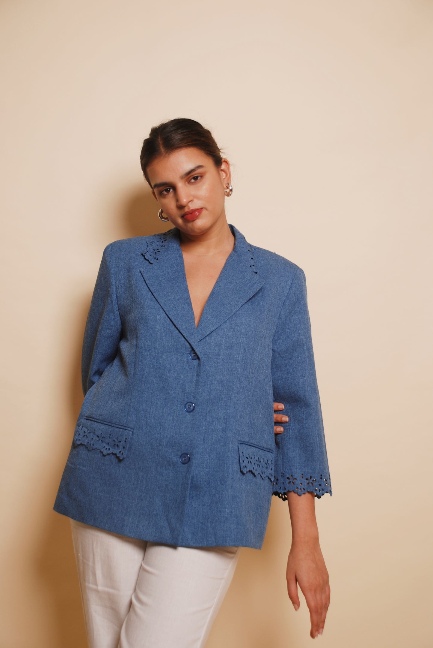 Blue solid blazer with cutout detailing