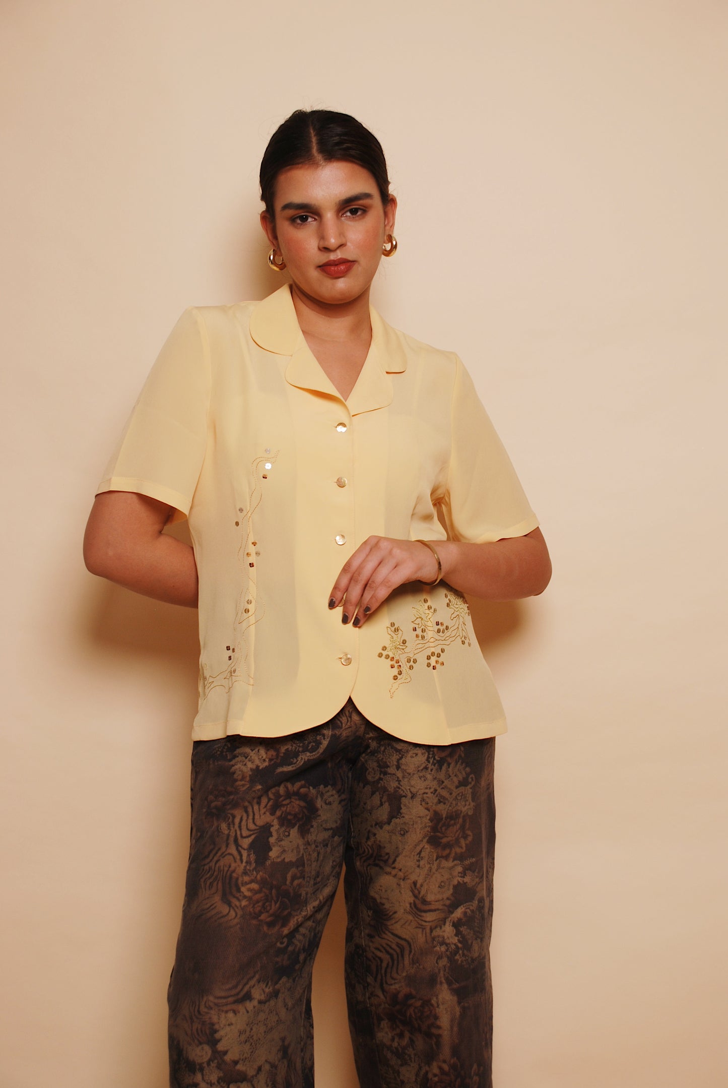 Yellow short sleeve embroidered blouse