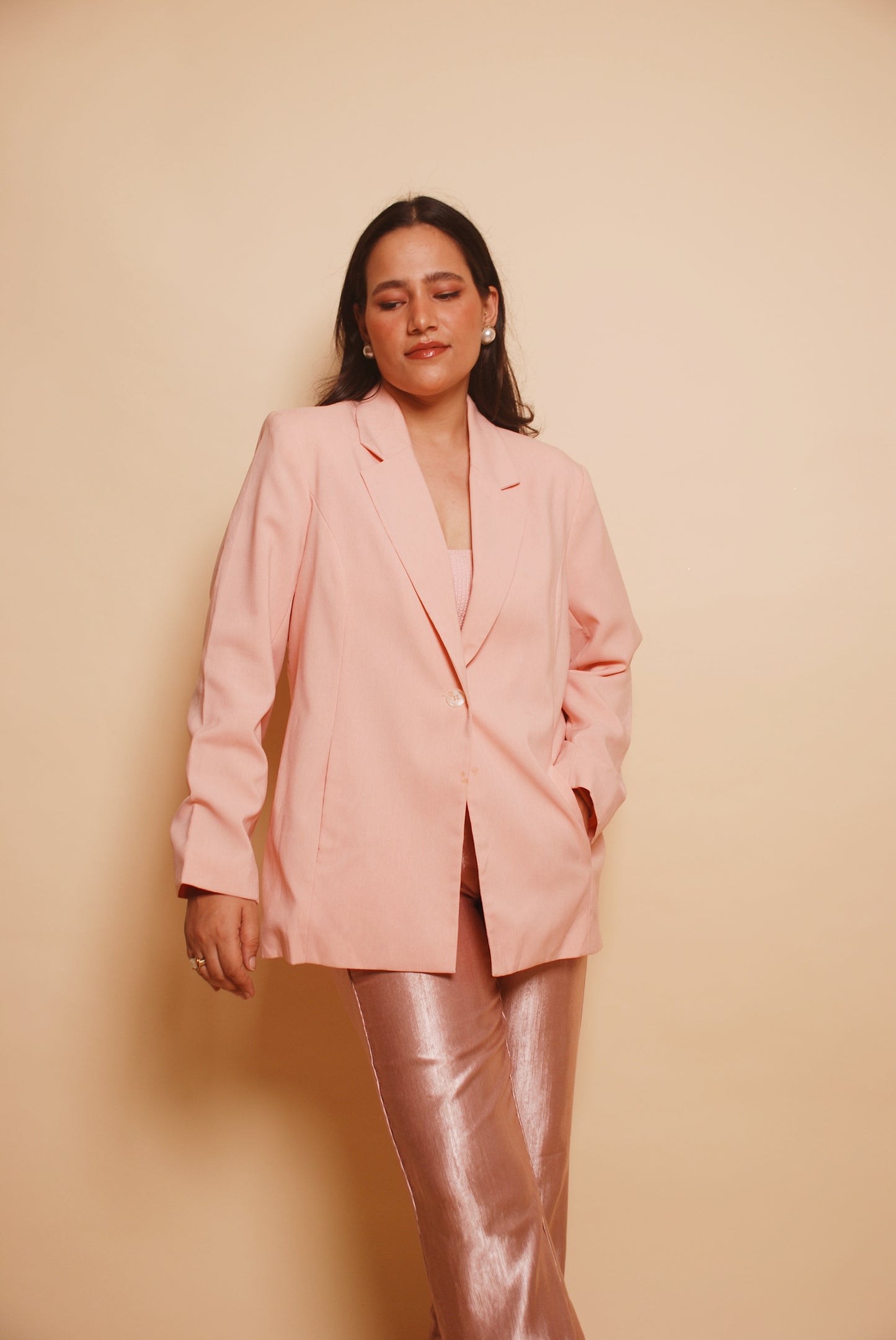 Baby pink one button blazer