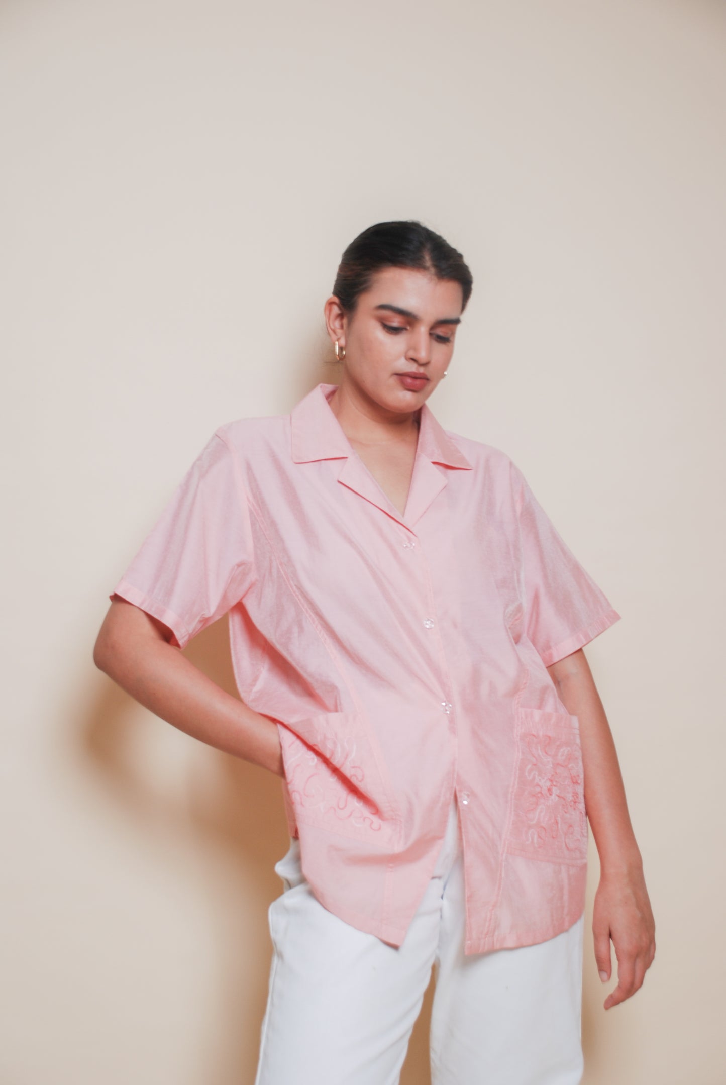 Pink short sleeve embroidered shirt