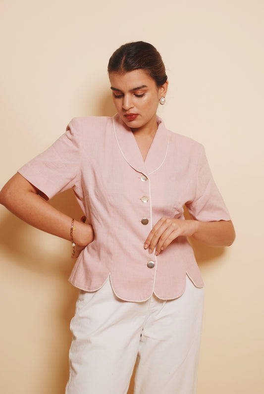 Light pink short sleeve blazer with white piping