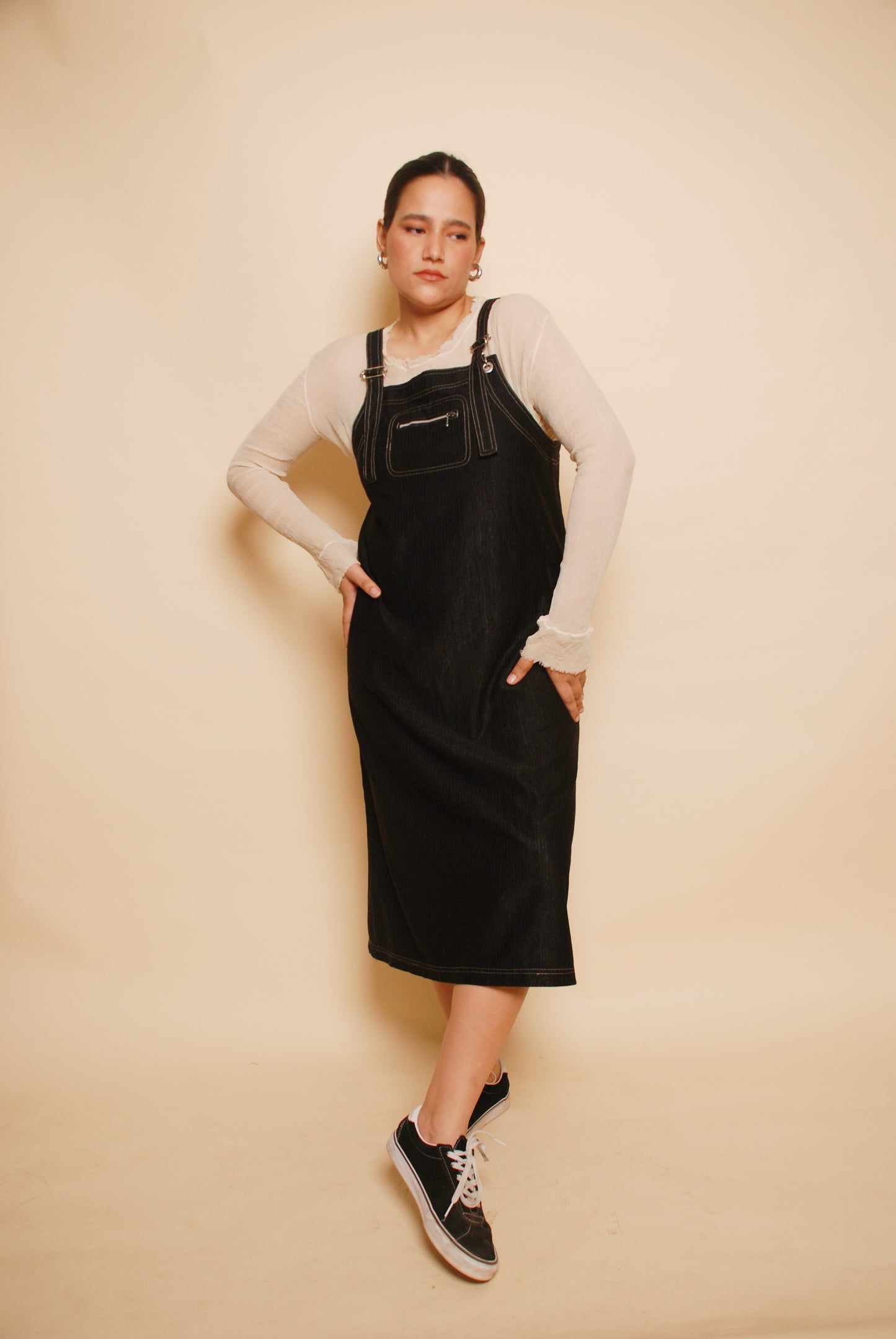 Black dungaree midi dress with contrast stitch