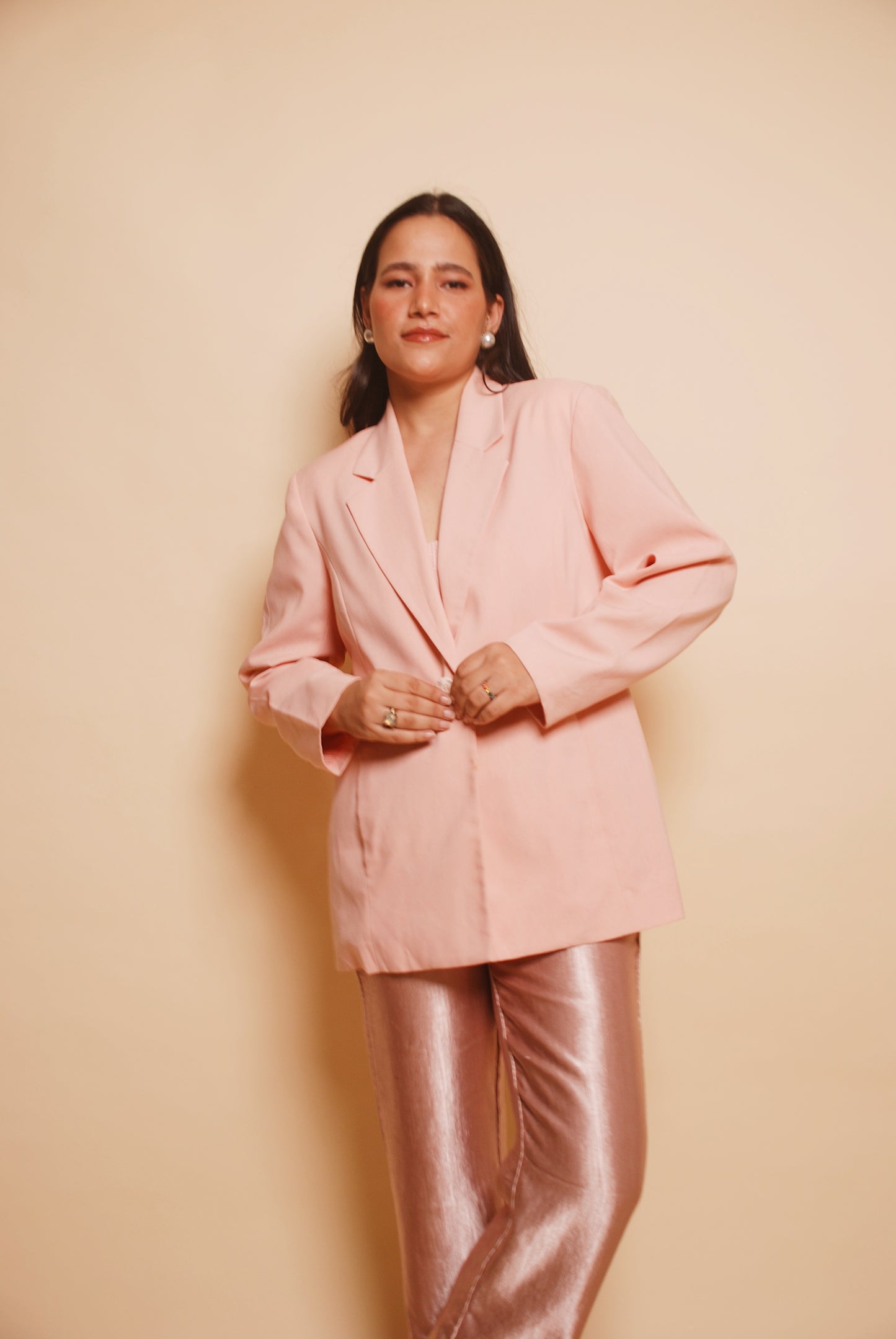 Baby pink one button blazer