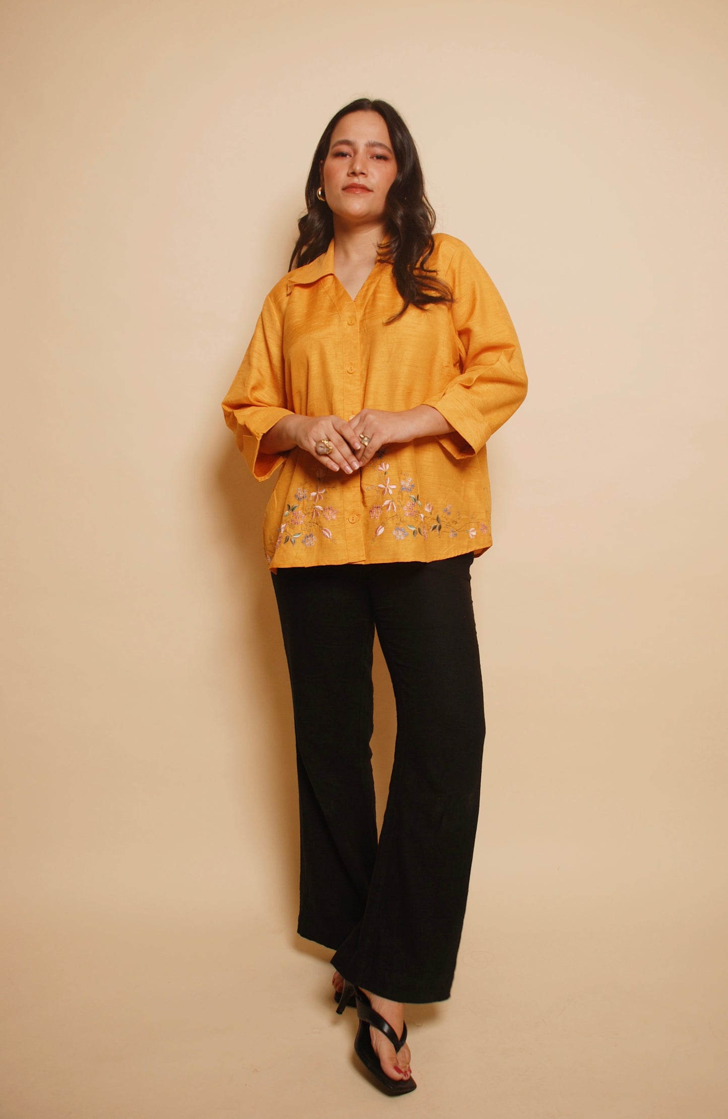 Orange floral embroidered shirt