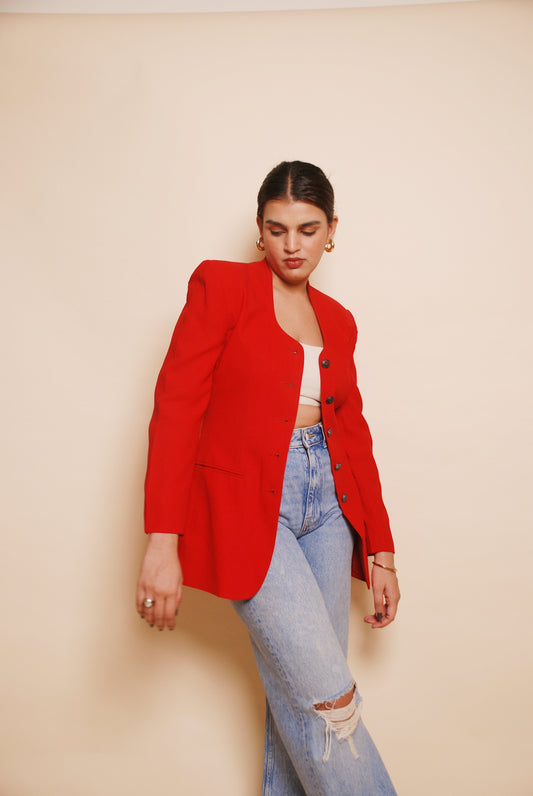 Apple red blazer with ornamental buttons