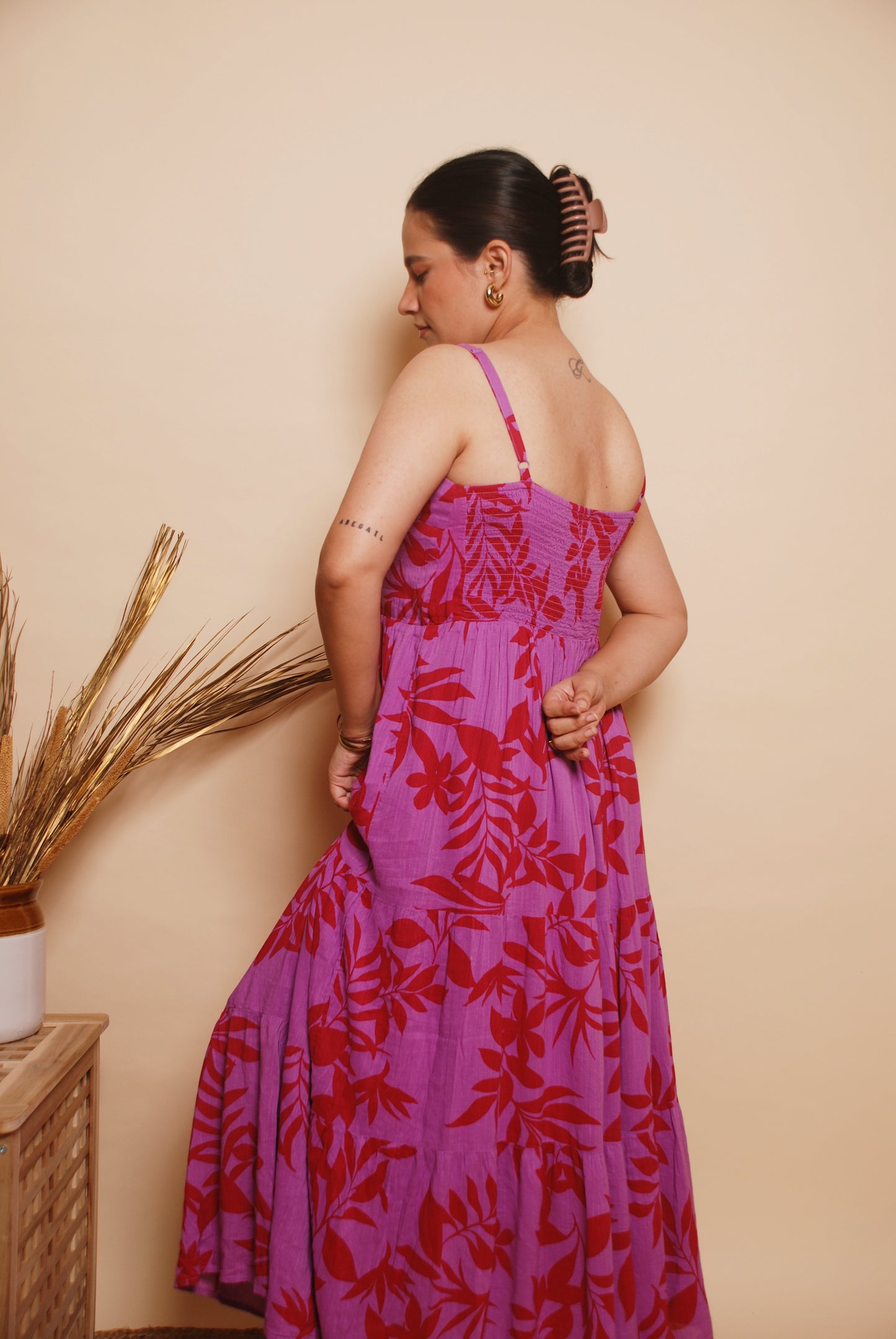 Purple floral tiered maxi dress