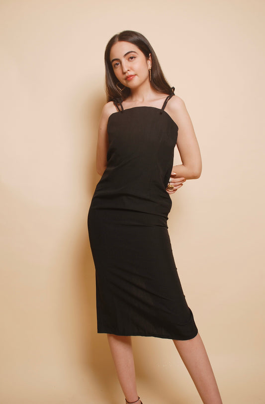 Black spaghetti strap midi dress with slit