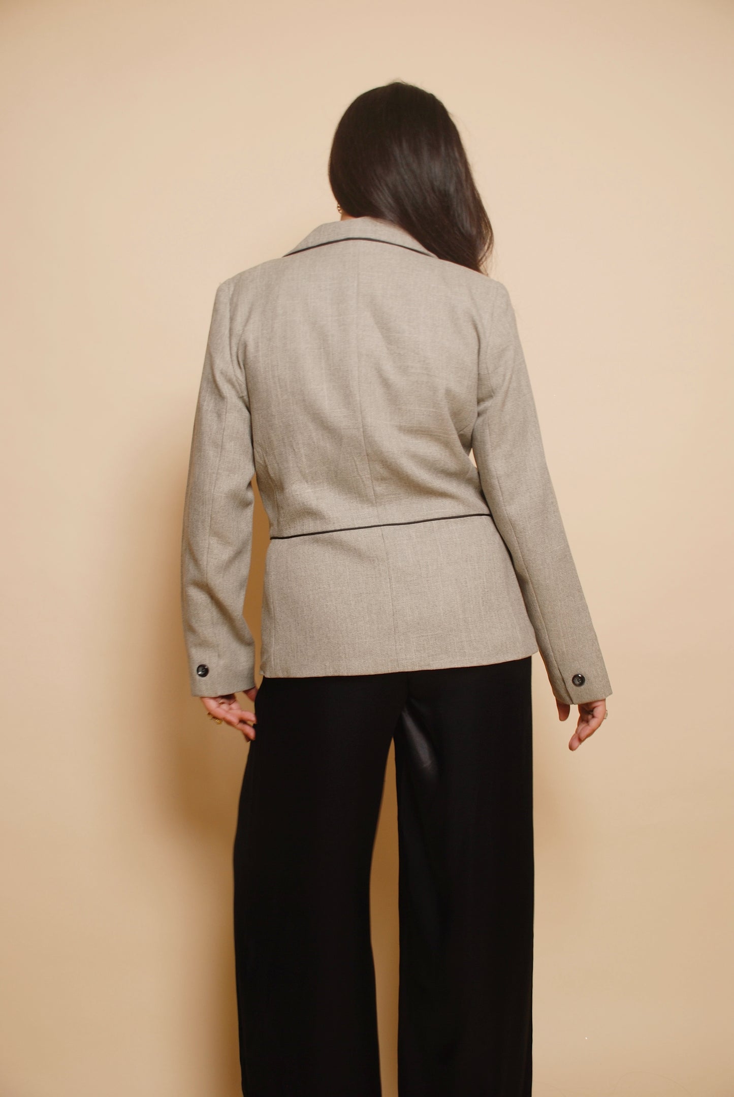 Grey structured blazer with black piping