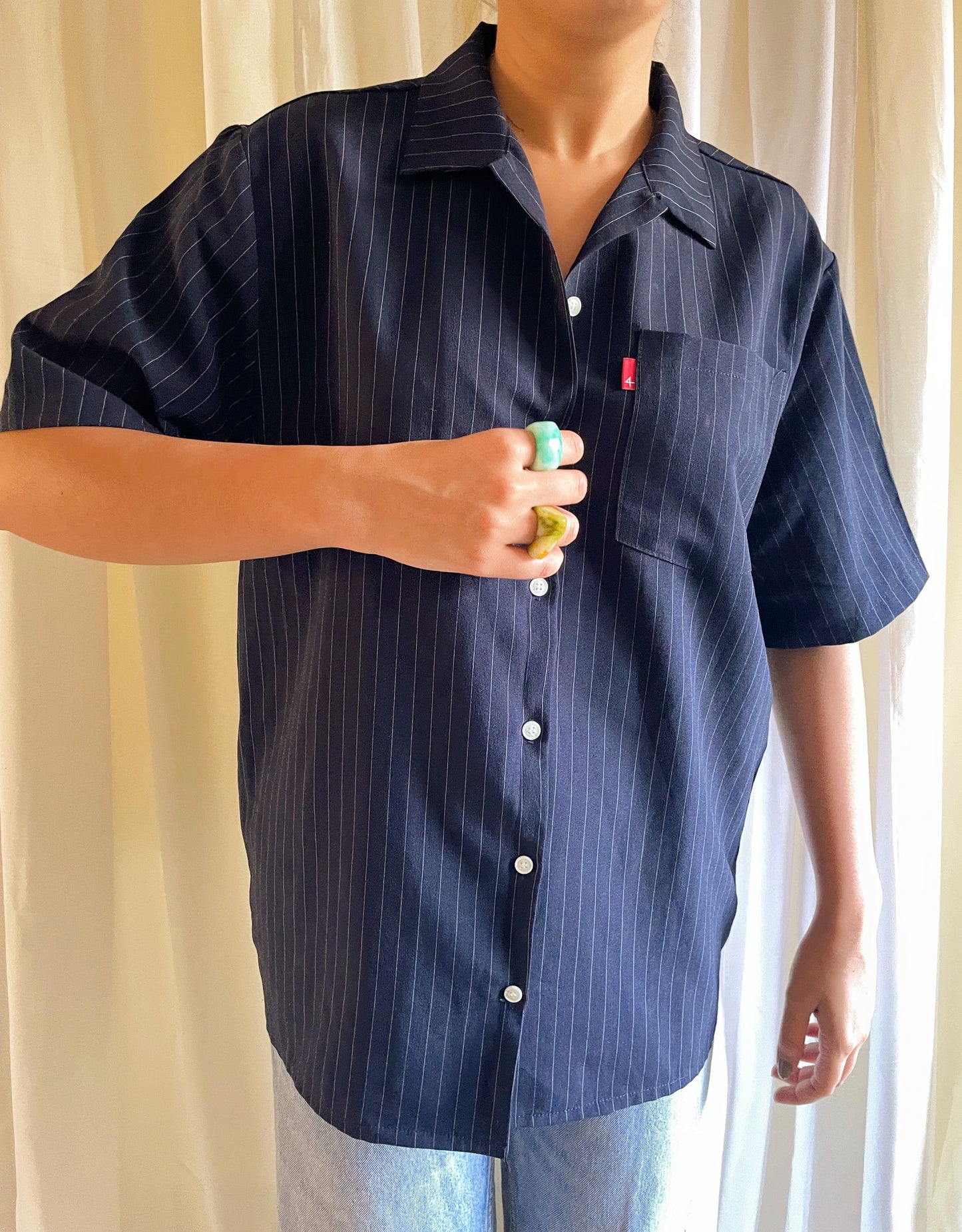 Navy blue striped short sleeve shirt