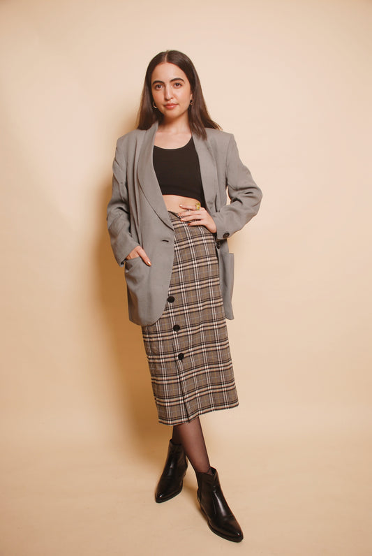 Vintage grey checkered one button long blazer