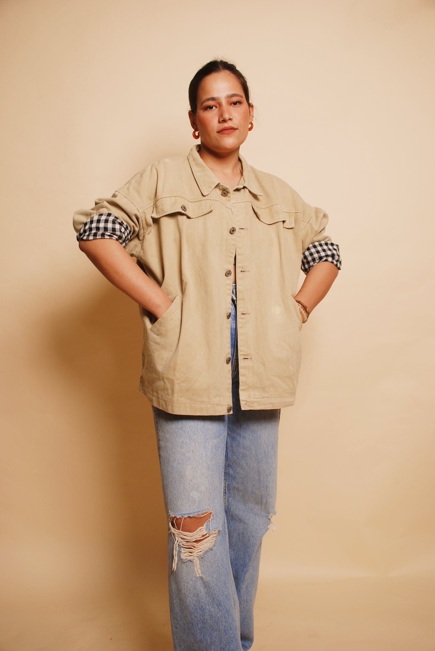 Beige full sleeve denim jacket