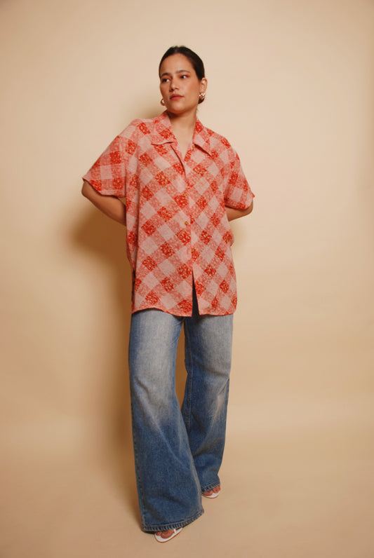 Red printed shirt with ornamental buttons