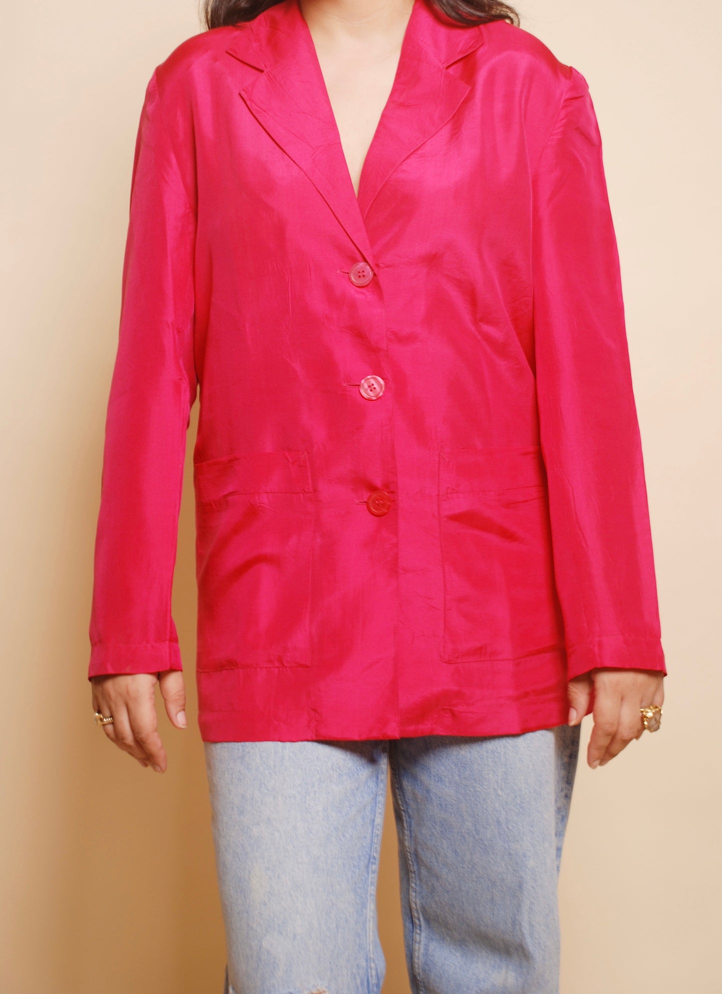 Metallic magenta pink silk blazer