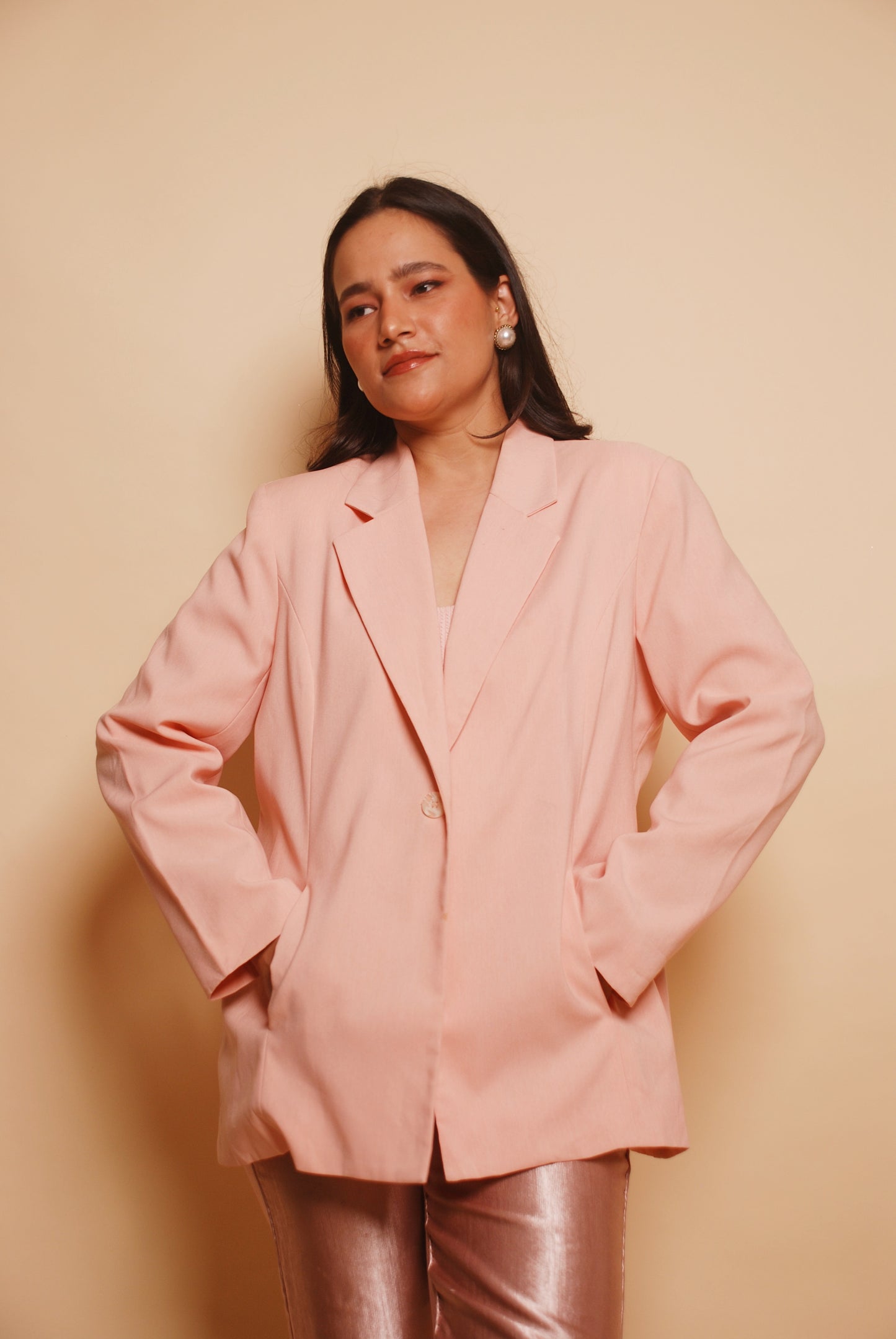 Baby pink one button blazer