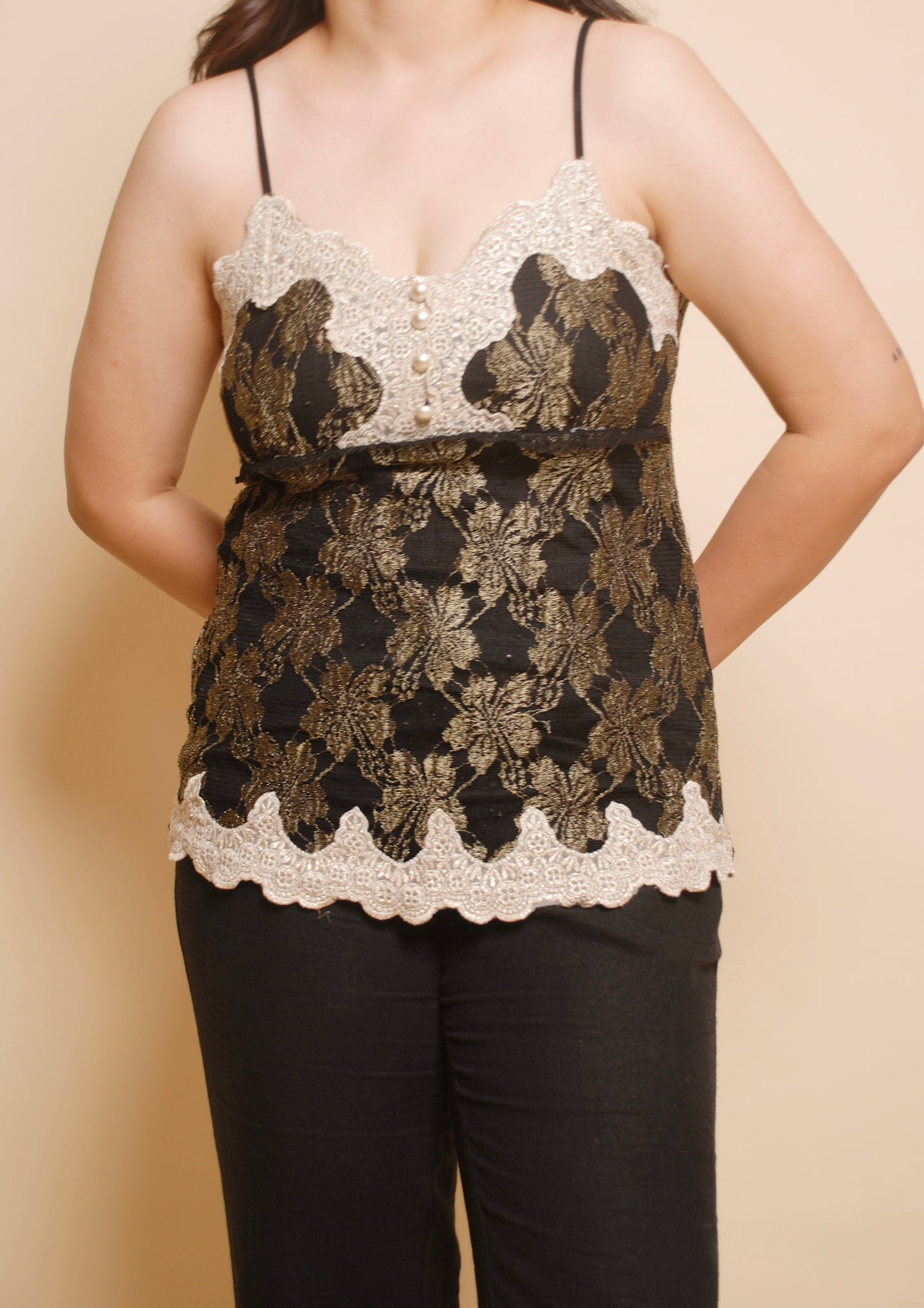 Black and gold spaghetti top with lace detailing