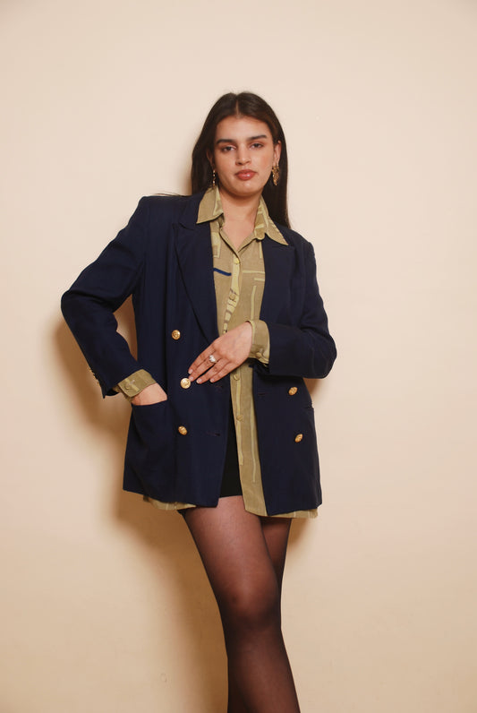 Navy blue double breasted blazer with ornamental buttons