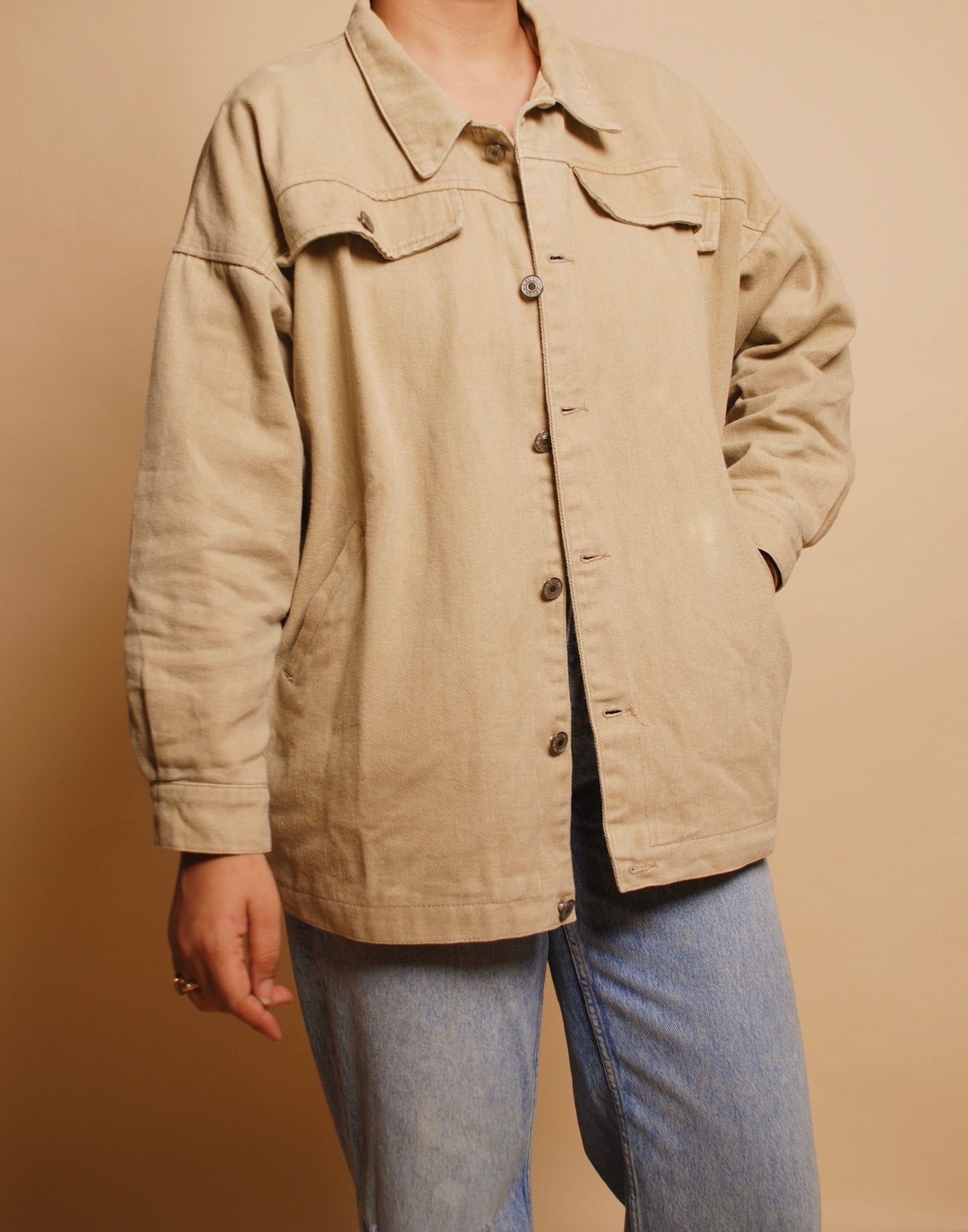 Beige full sleeve denim jacket