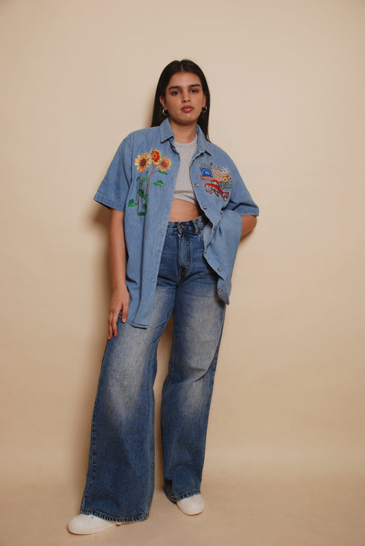 Vintage blue soft denim shirt with embroidery