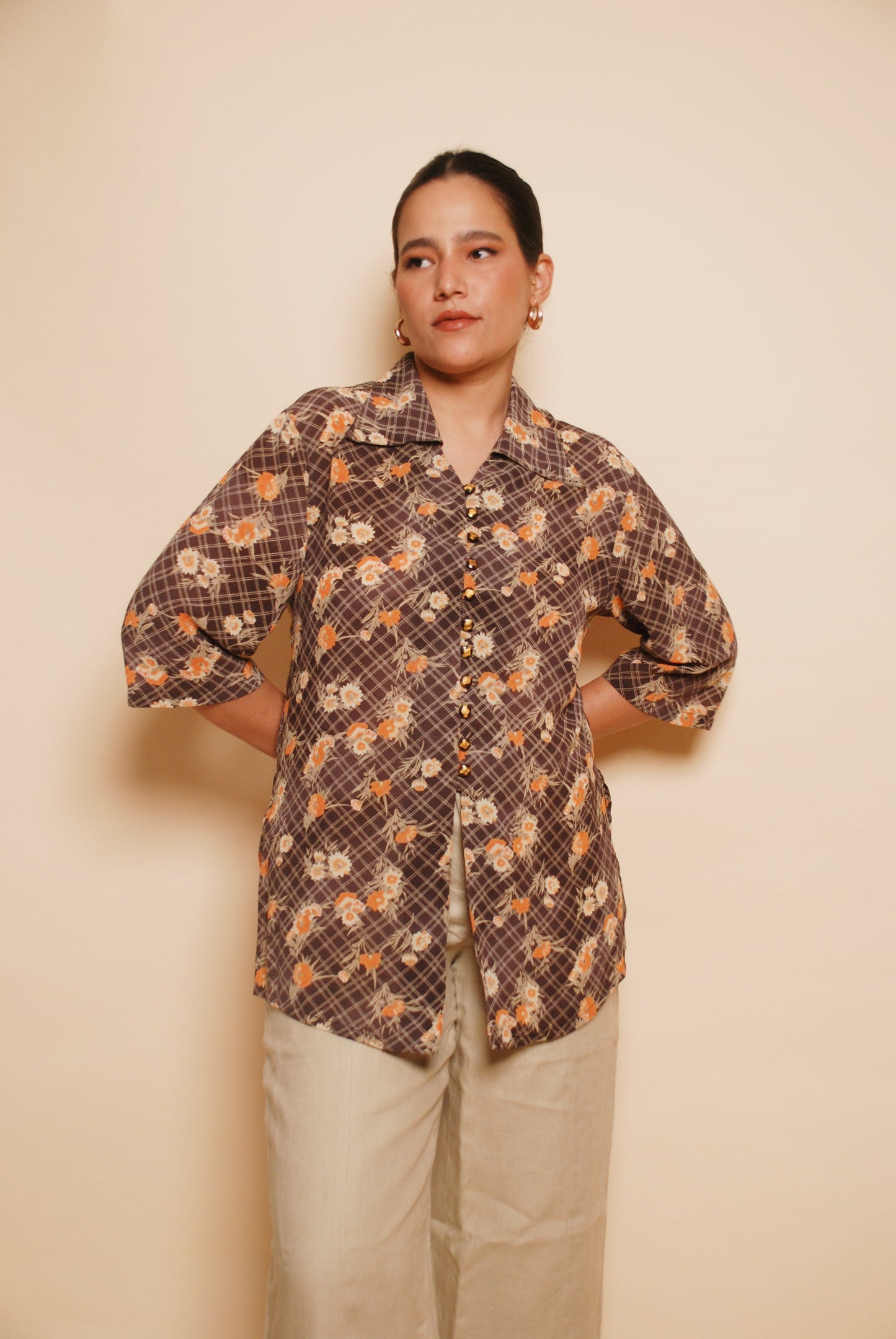 Brown checkered & floral short sleeve shirt