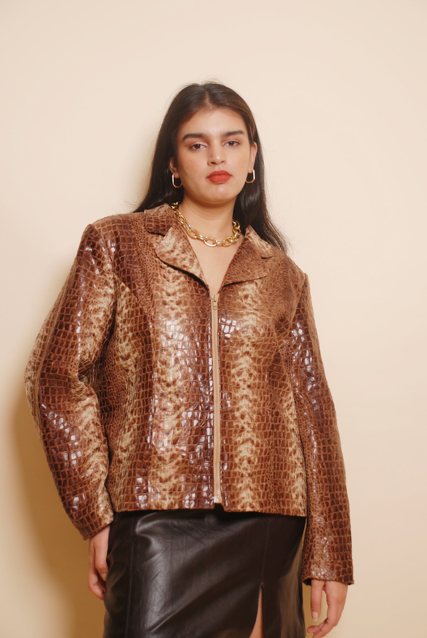 Tan snake print leather jacket