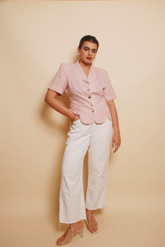 Light pink short sleeve blazer with white piping