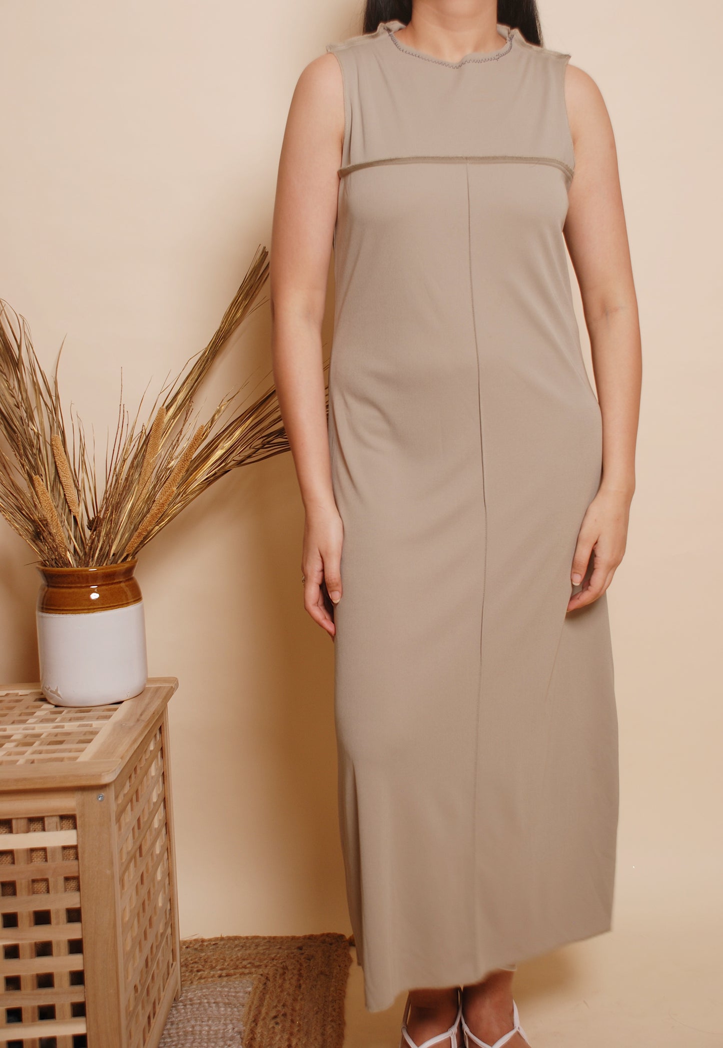 Sage green reverse stitch maxi dress