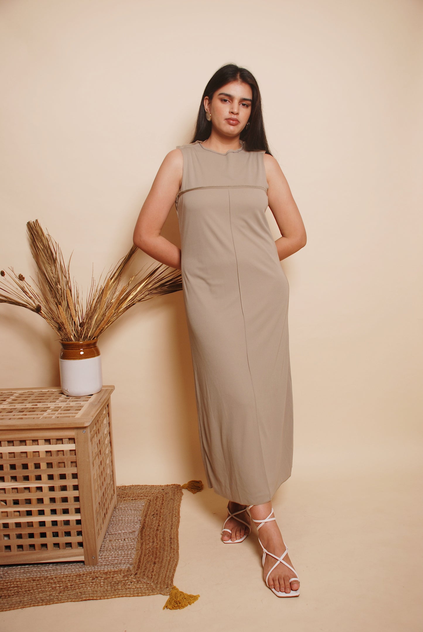 Sage green reverse stitch maxi dress