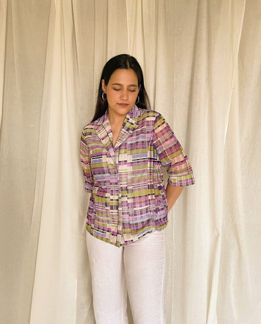 Multicolor checkered mesh shirt with notched collar