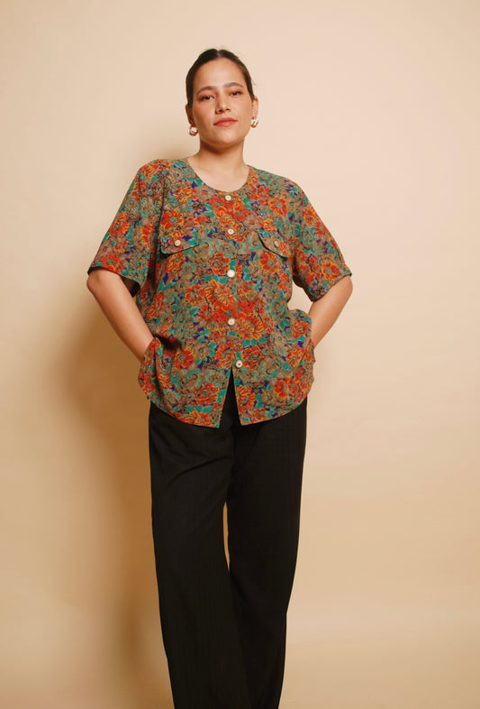 Multicolour printed u-neck blouse