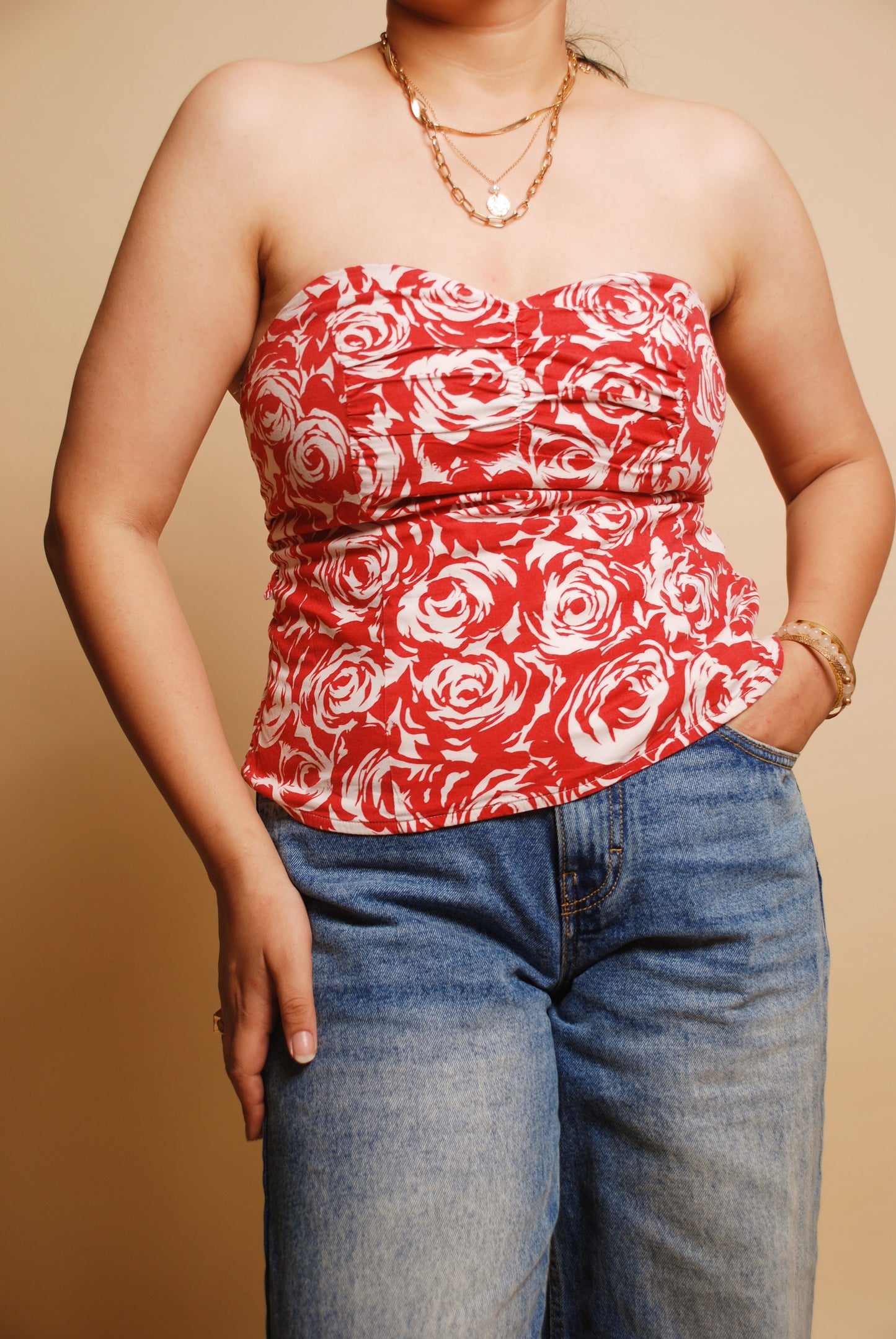 Red & white floral corset top