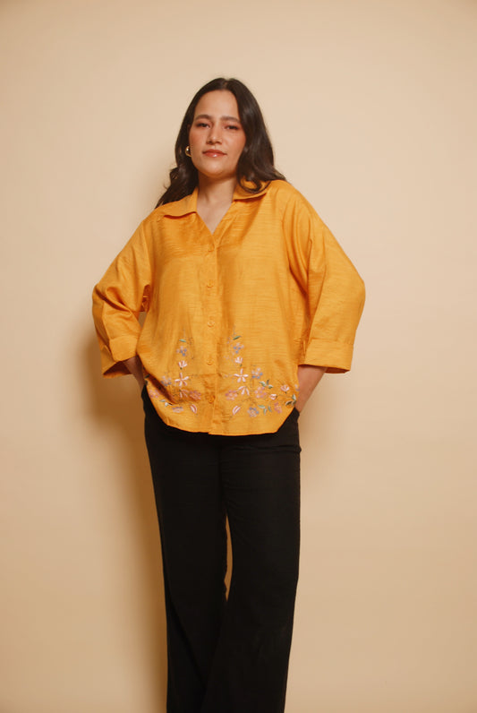 Orange floral embroidered shirt